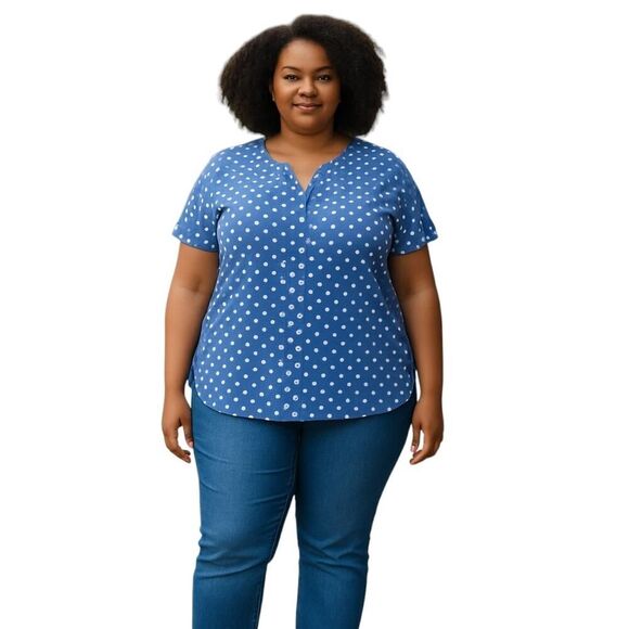 Elie McCarthy Plus Size 2X Blouse Blue and White Polka Dots Black Stripes - Picture 1 of 13